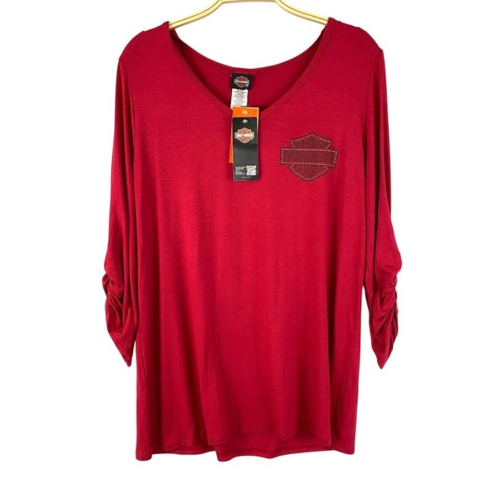 Harley Davidson El Paso Texas‎ Ruched Sleeve Pullover Top Women XL Red Biker NWT